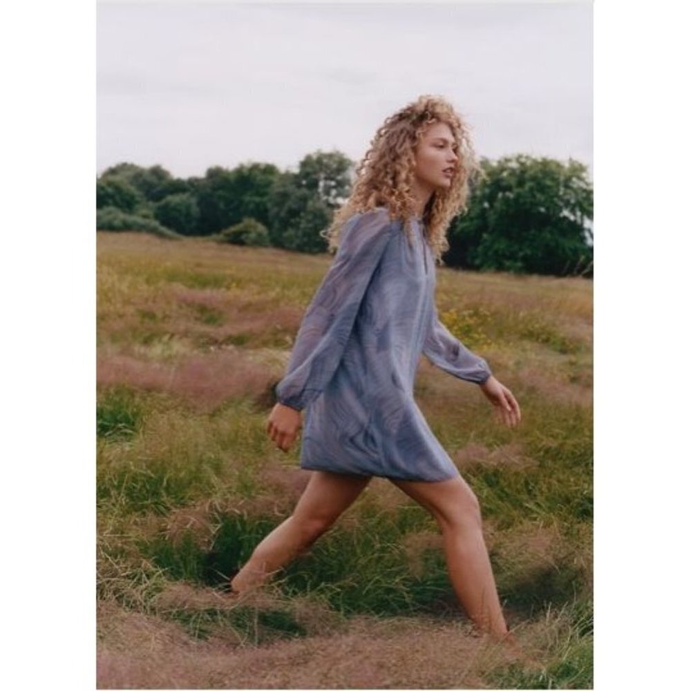 Wilfred Boho Long Sleeve Molly Dress In Watercolor Muted Blue Floral M